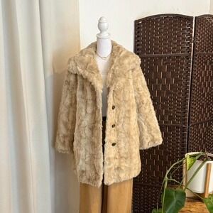 Tissavel France Women's Vintage 60's Light Tan Cream Faux Fur Coat Jacket